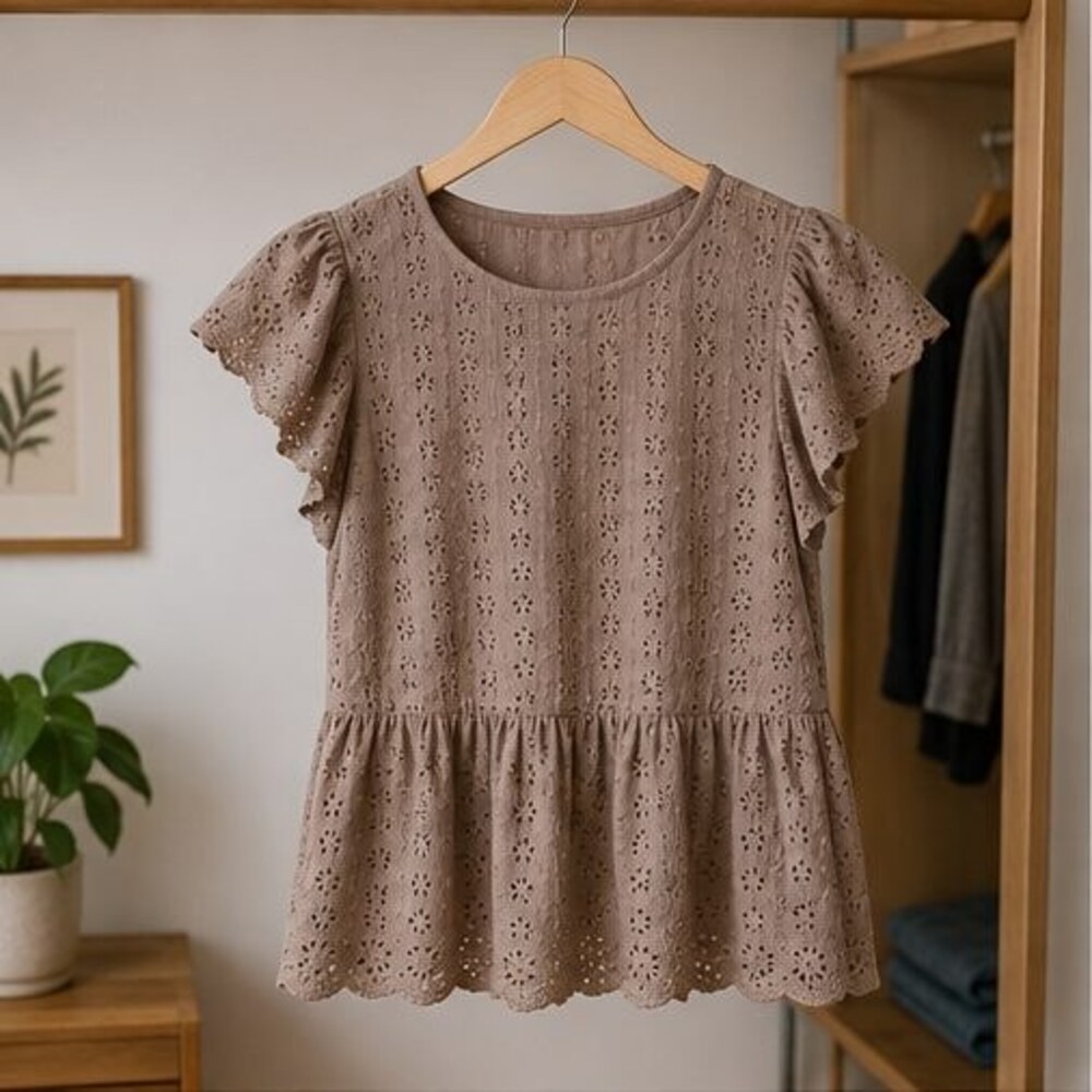 Taupe Eyelet Peplum Blouse